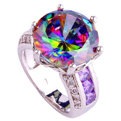 Rainbow Amethyst Topaz 10k White Gold Filled Austrian Crystal Ring